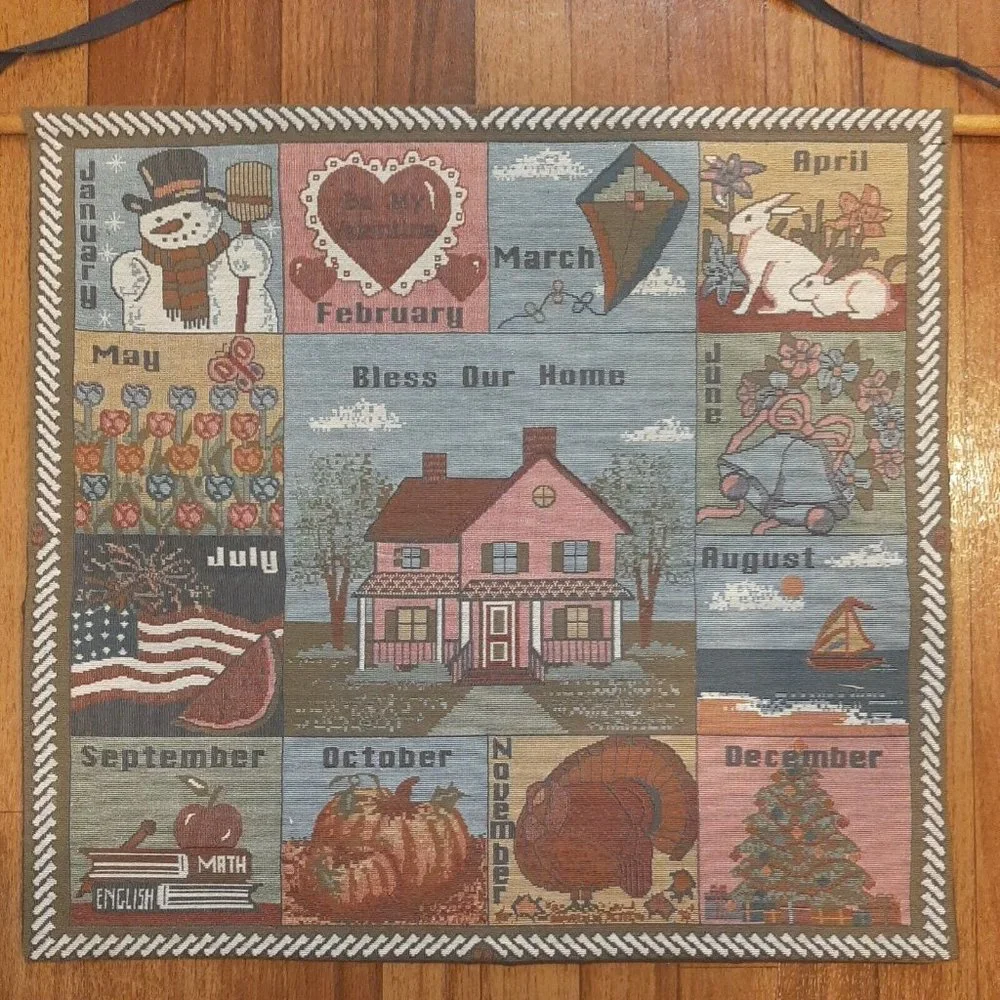 Vintage 19 X 21 Tapestry Holiday Months of the Year Banner Wall Hanging AS IS